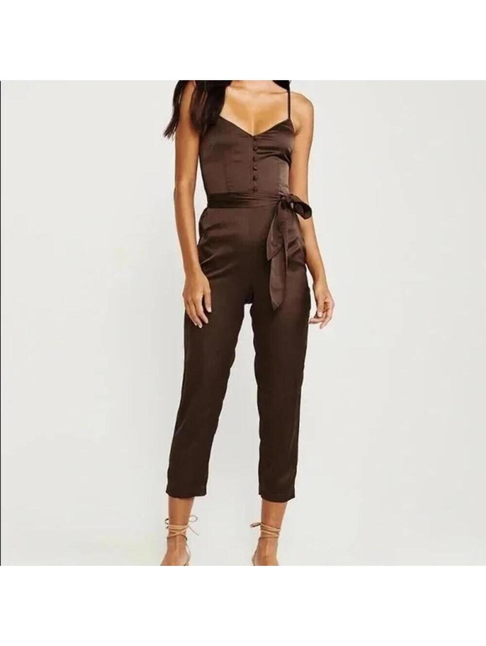 Abercrombie & Fitch Satin Button Front Tie-Waist Jumpsuit